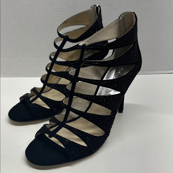 Michael Kors Mavis Heeled Sandals Open Toe Suede Rhinestone Shoes Black Size 10 - Picture 1 of 8